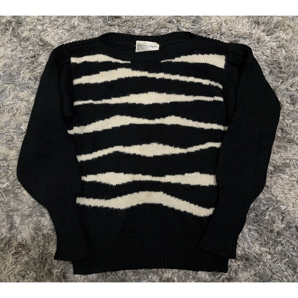Sweaters - Vtg Cinzano Sweater Black White Stripes Abstract Sz 2 Acrylic Lambswool Angora